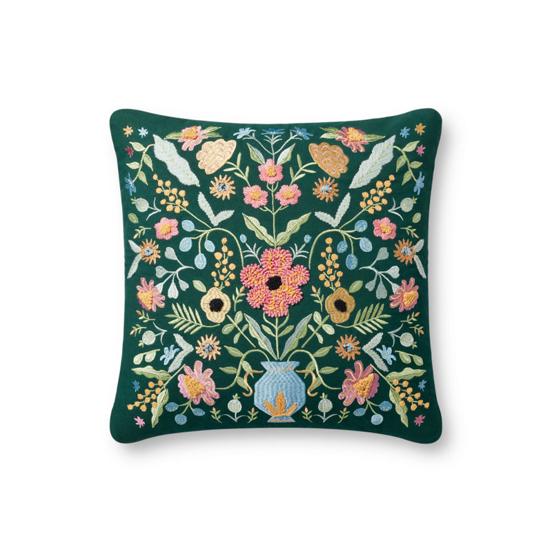 Gabriella Evergreen Multi Embroidered Cotton Floral Pillow