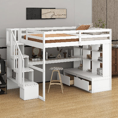 Lit mezzanine double avec bureau intégré et tablettes, lit mezzanine en bois avec escalier de rangement et tiroirs