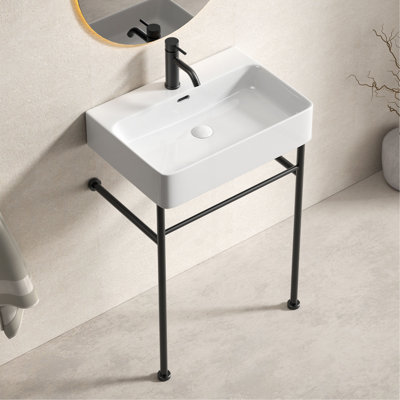 Meuble-lavabo sur pied en acier inoxydable, 61 cm x 42 cm x 88 cm, lavabo mural en céramique.