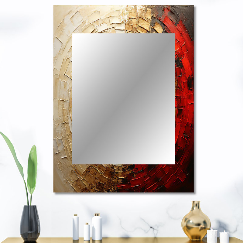 Gold Red Minimalism Spiral Poteries - Abstract Spirals Large Wall Mirror, Gold Decorative Mirror, Printed Metal Art