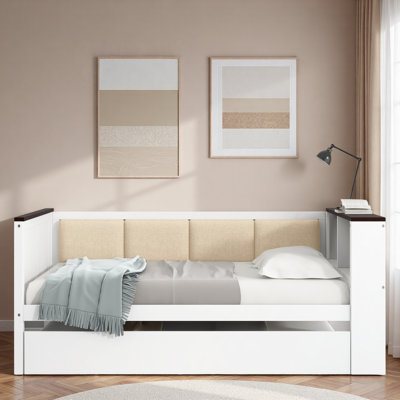 Wood Daybed With Storage Shelves, Upholstered Backrest And Usb