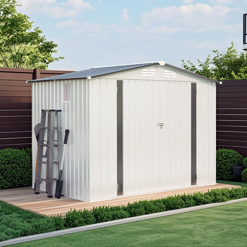 8X6 FT Metal Outdoor Storage Shed, Tool Shed With Pitched Roof Waterproof With Side Window And Lockable Door, Metal Tool Shed For Garden Tool Storage, Everyday Sundries And Bike Storage, White + Gray