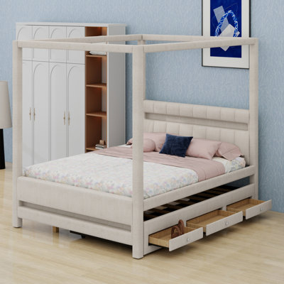 Upholstered Canopy Platform Bed with LED Lights,  Trundle Bed, 3 Storage Drawers and Headboard