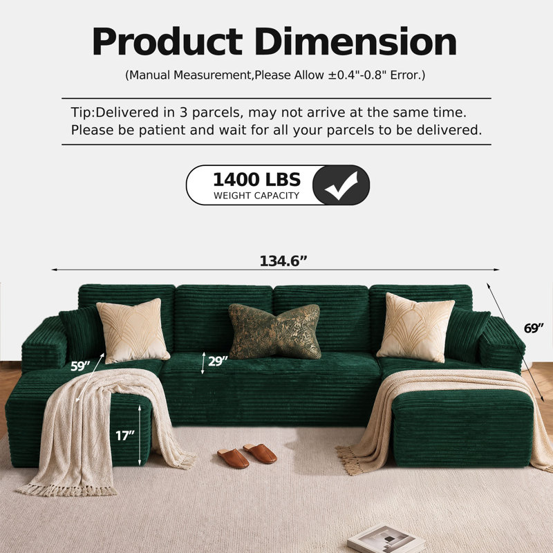 Boneless 134”Sectional Cloud Boneless Sofa Cloud Couch for Living Room, U Shaped Comfy Cordury Couch with Double Lounge Chair, Modern Deep Seat Minimalism Sofa for Home Furniture, No Assembly Required