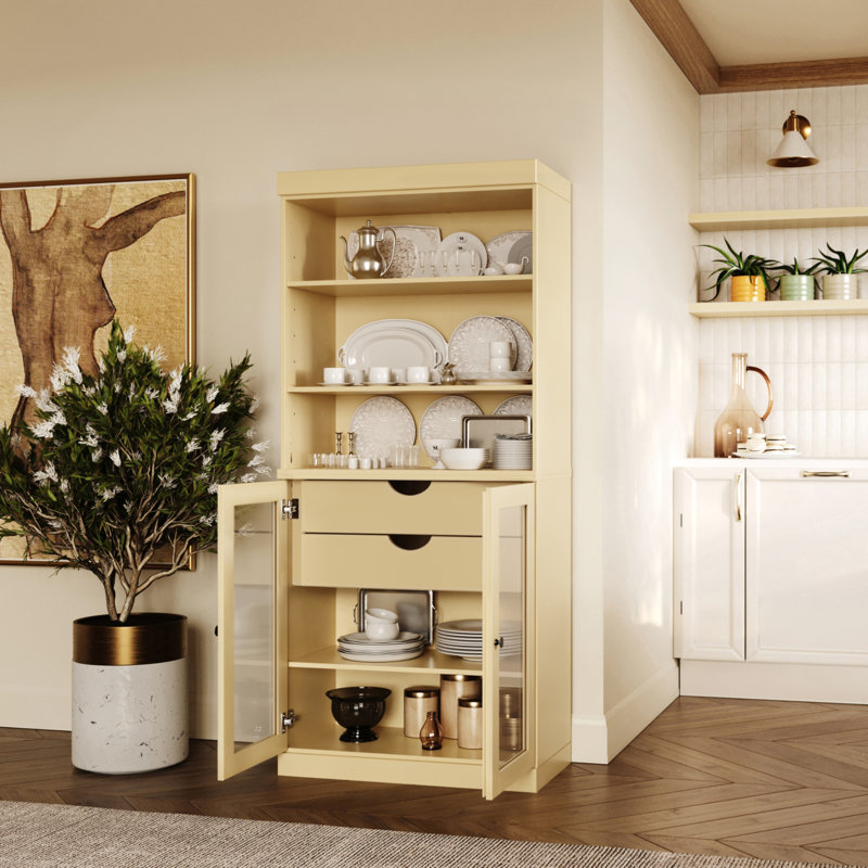 Garde-manger 100% bois massif Kaniesha 32 po avec portes en verre transparent, 2 tiroirs et tablettes réglables, Jaune