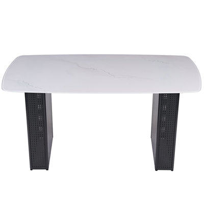 Modern Rectangular Tempered Glass Dining Table, Marble-Patterned Design with Black Dual-Pedestal Metal Base, Ideal for Dining Room & Home Office