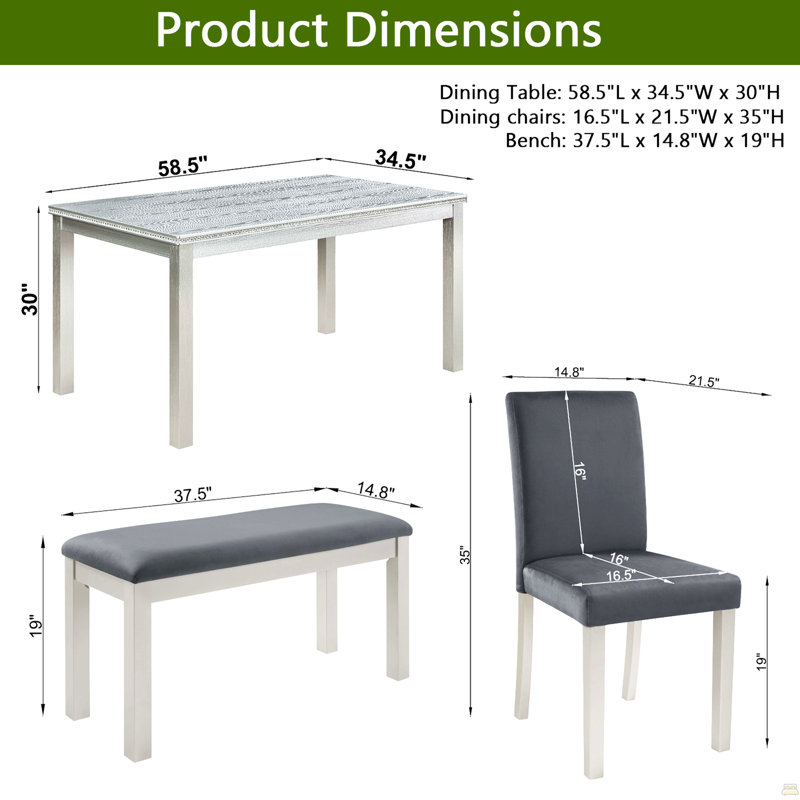 Ensemble de table de salle à manger 5 pièces en bois, ensemble de table de cuisine avec une table rectangulaire et 4 chaises rembourrées, ensemble de table de salle à manger en bois avec décoration en cristal et chaises