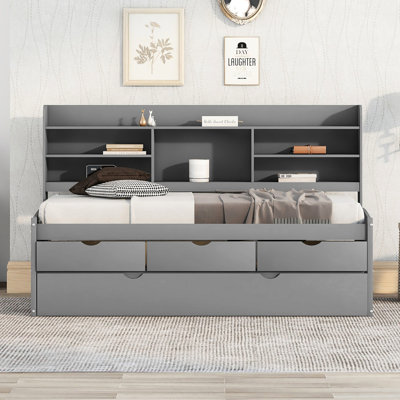 Lit en bois avec tablettes intégrées, 3 compartiments de rangement et lit gigogne