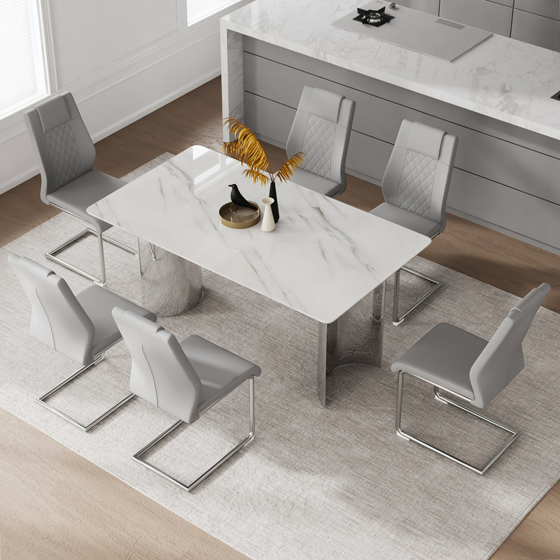 Ensemble de table et de chaises, table de salle à manger moderne et minimaliste. Imitation verre marbré, Gris / argent