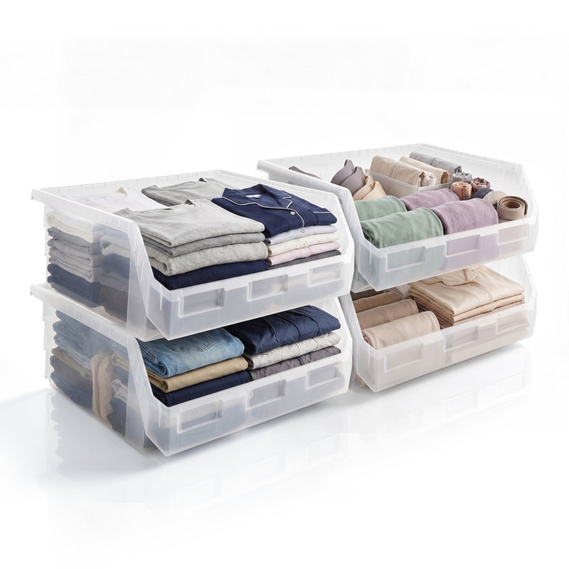 Sorbus 4 Pack Extra Large Open Front Stackable Clothing Storage Bin – Closet & Wardrobe Organizer, Clear