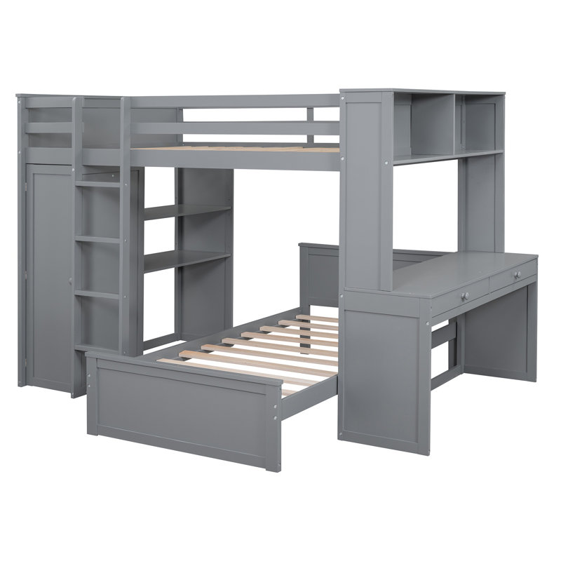 Loft Bed with a Stand-alone bed, Shelves,Desk,and Wardrobe, Gray, Twin over Full