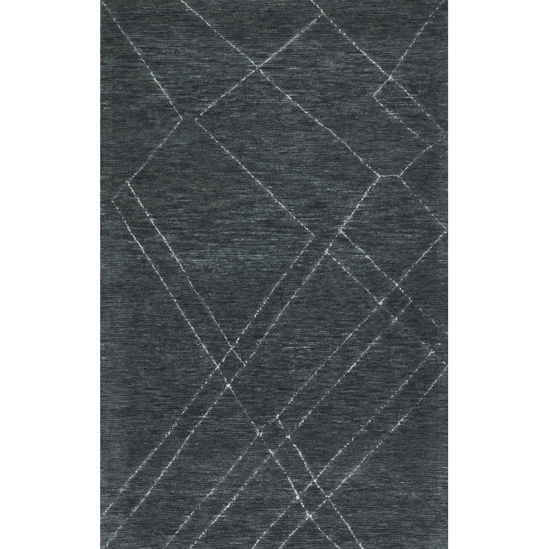 Tapis en laine touffeté à la main à motif abstrait bleu marine / blanc Wendell, Rectangle 9 pi x 12 pi