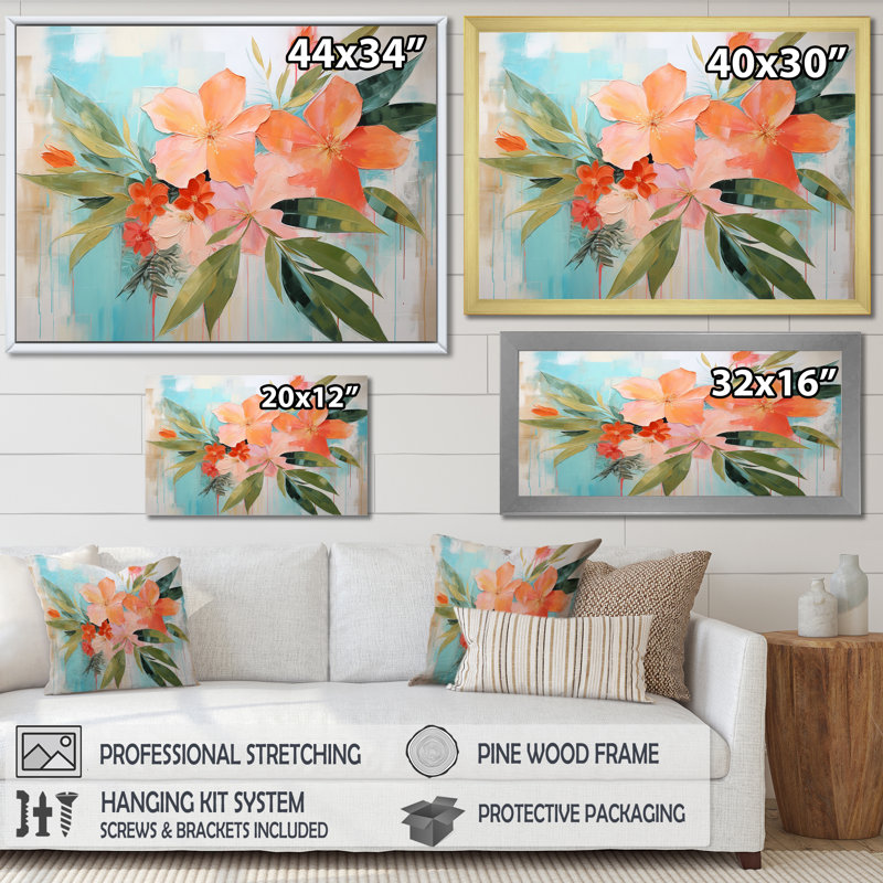 Art moderne moderne, fleurs tropicales roses et vertes - Collages abstraits, Cadre doré à coins fermés