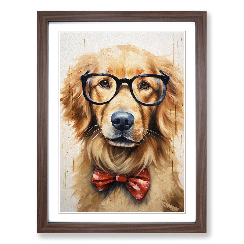 Golden Retriever With Glasses - Single Picture Frame Print on Wood, Walnut, 34cm H x 25cm W x 2cm D