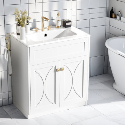 Meuble-lavabo 30 po avec lavabo en céramique, armoire de rangement autoportante moderne avec poignées dorées, portes à fermeture douce