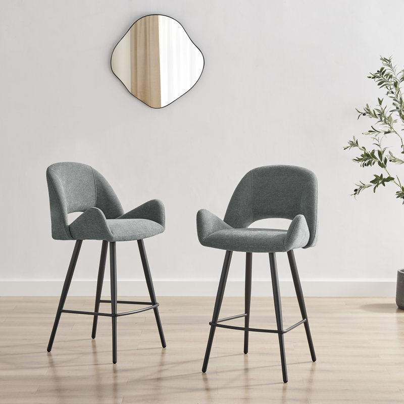 Lyla Luxury Fabric Upholstered Breakfast Bar Stools With Metal Legs, Grey
