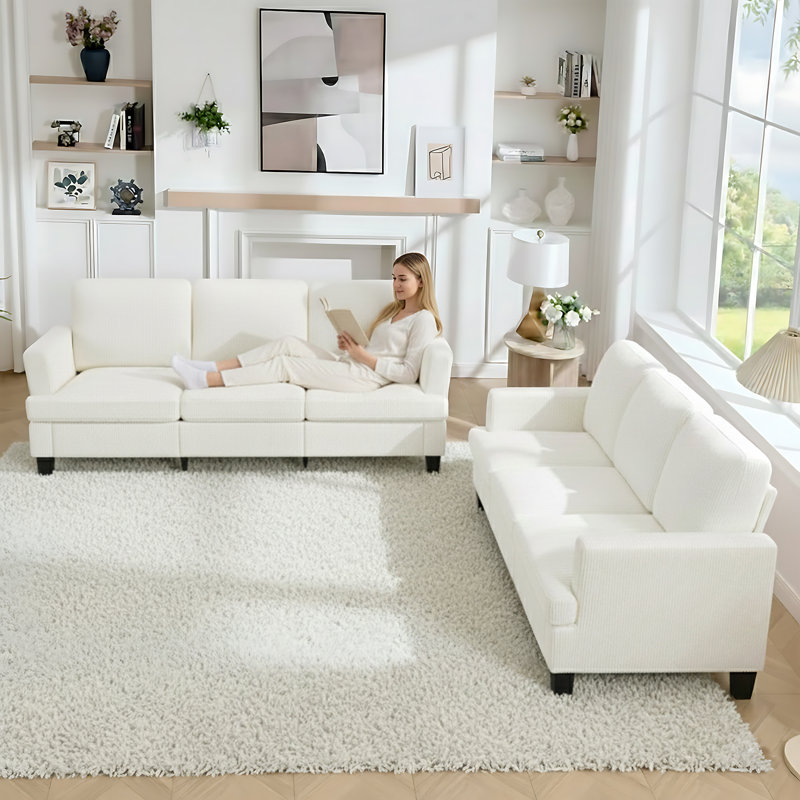 84'' Corduroy Upholstered 3-Seater Sofa Set of 2, White Corduroy