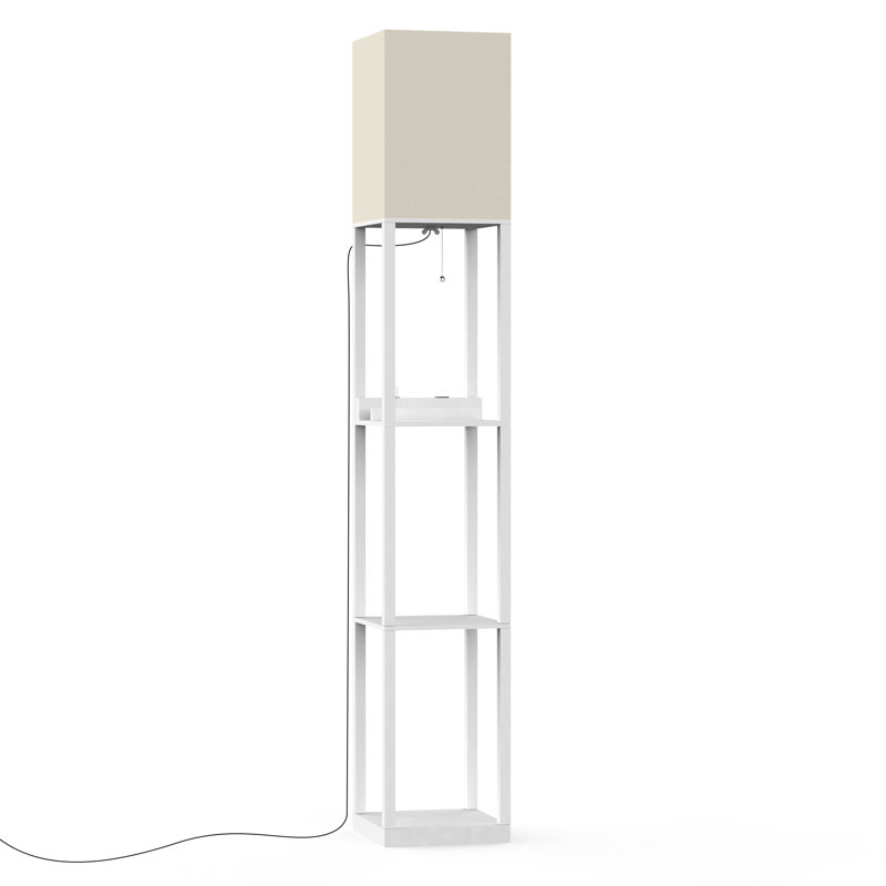 Column Floor Lamp Vax With Shelves, Solid Wood, Usb Ports And Bulb Included, White