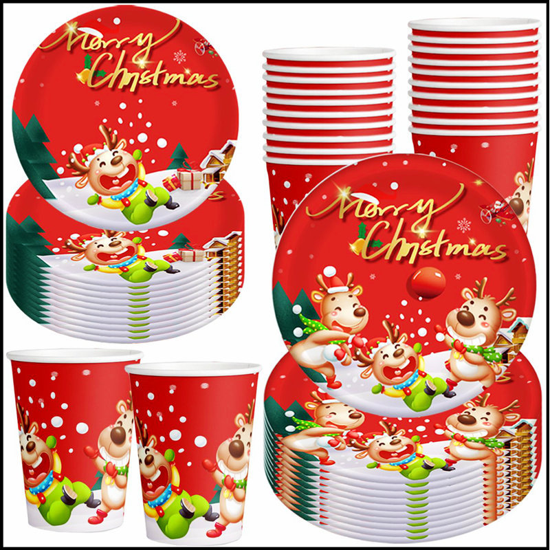 Ensemble 30 pièces de vaisselle de fête de Noël avec assiettes et tasses en papier jetables, 10 personnes, parfaites pour les fêtes et la décoration intérieure