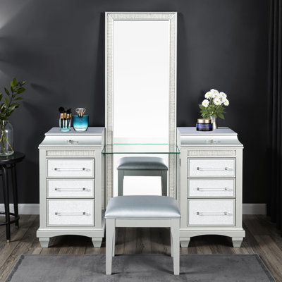 Meuble-lavabo et tabouret de style gris, bois de peuplier, tiroirs supérieurs doublés de feutre, poignées en acrylique, tissu strass en cristal, miroir à DEL, glissières à roulement, prise de courant dans la chambre à coucher avec pour installation