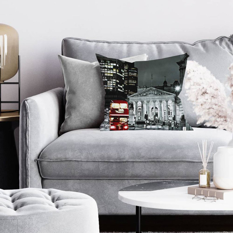 Grayscale pantheon with red bus - 26"x26" Throw pillow cover - Poly twill - Print on demand, 26" x 26"