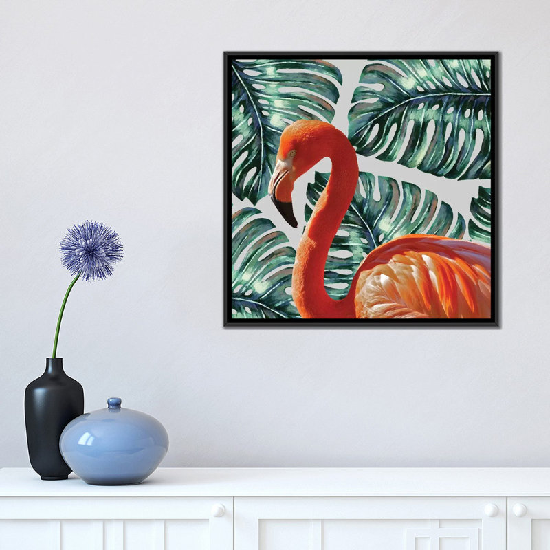 « flamant rose », impression sur toile, H 18 po x l 18 po x P 1,5 po, Toile avec cadre noir, Pas de tapis