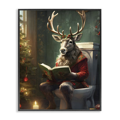 Reindeer in Festive Bathroom Framed Giclee, design by Jo Moulton