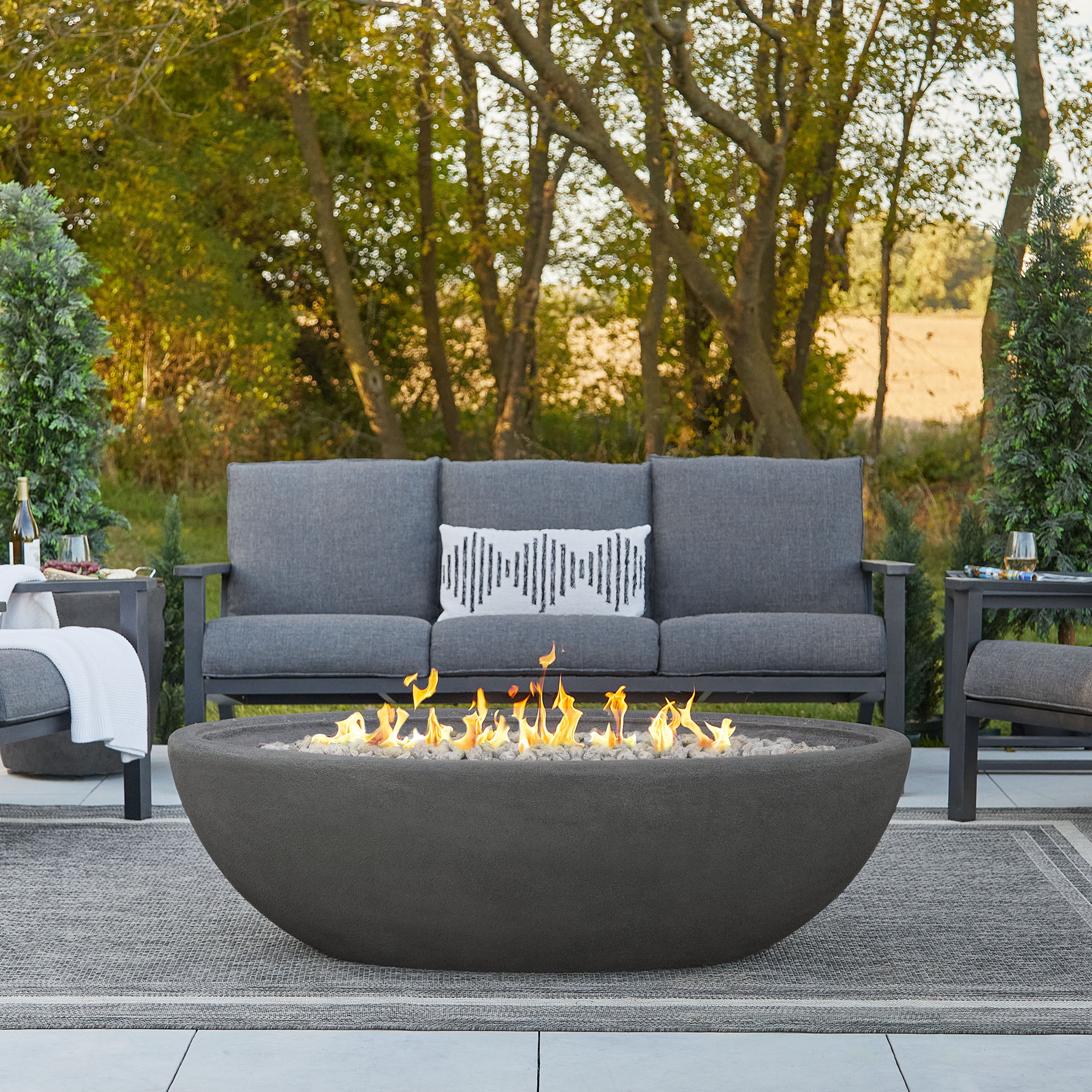 RIVERSIDE Oval Propane Fire Bowl by Real Flame, Shale, 17.25" H x 58" W x 32.25" D