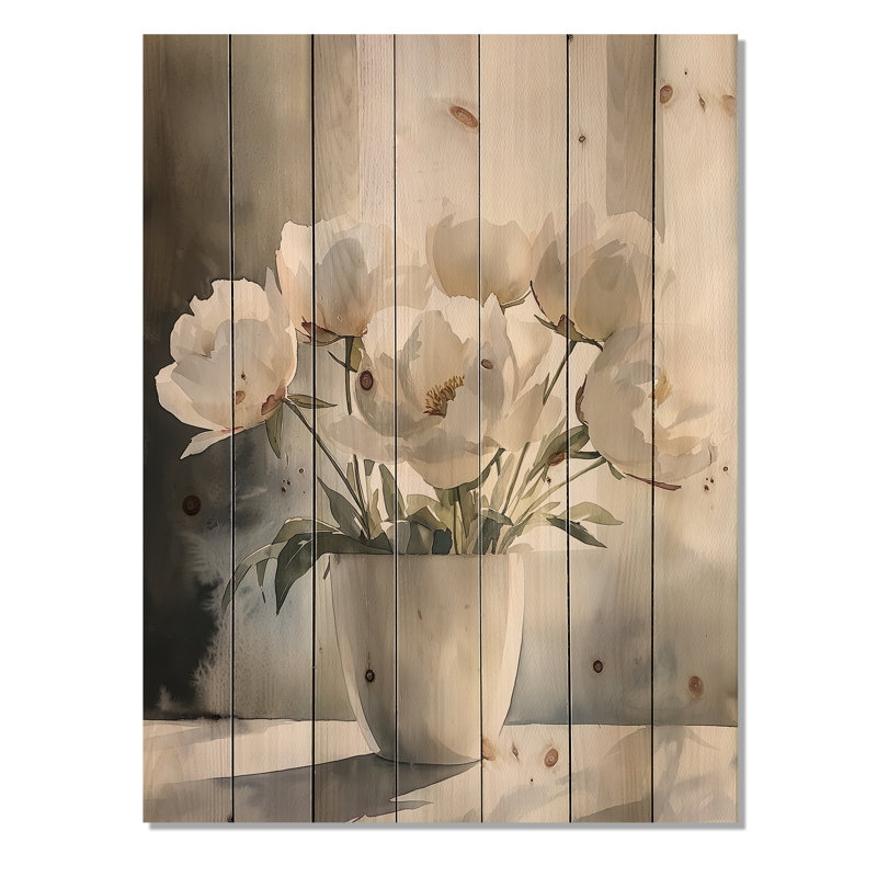 Pivoines et ombres géométriques I - décoration murale en bois de pivoines - sur bois de pin naturel