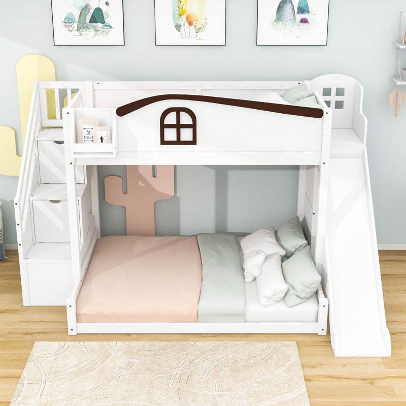 Lit superposé simple au-dessus de double en bois avec escalier de rangement, glissade, garde-robe, Blanc / Espresso