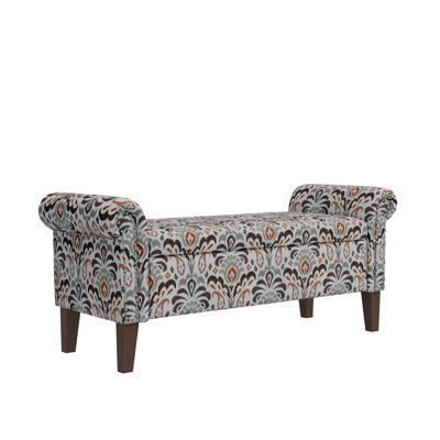 Wallen Traditional Rolled Arm Storage Bench Otttoman with Pewter Nailhead Trim in Amber Damask Pattern with Dark Brown  Wood Legs