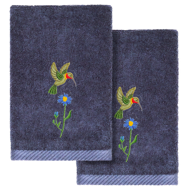 2 Piece 100% Turkish Cotton Hada Embellished Fingertip Towel Set, Marine