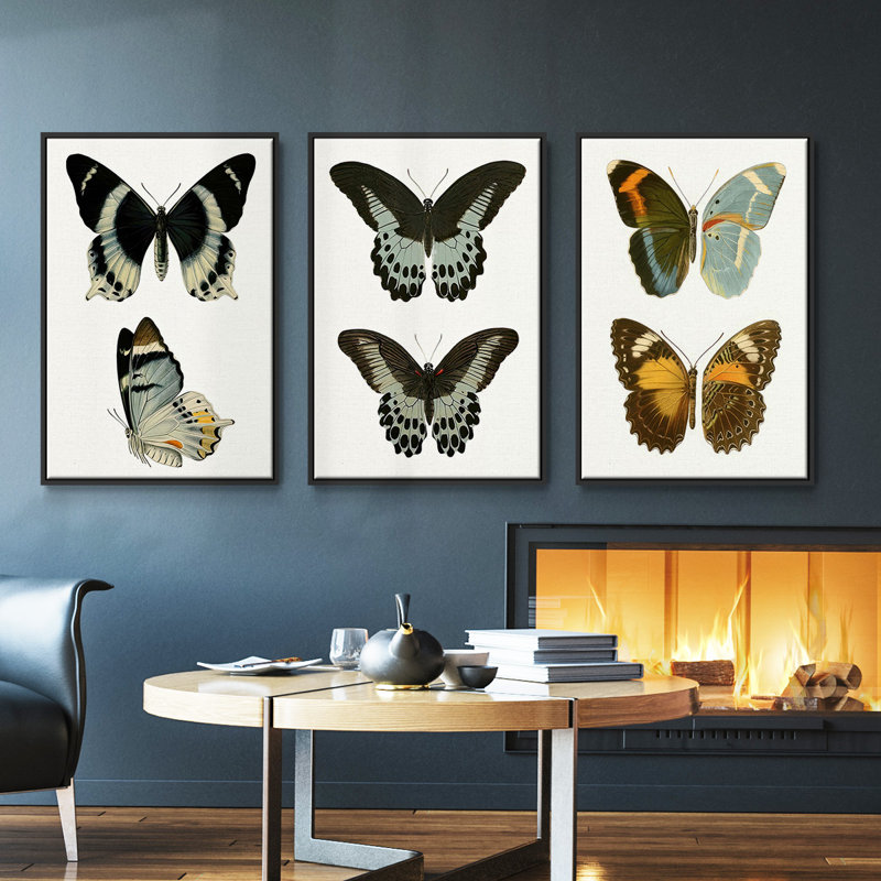 Ensemble de 3 papillons bleus antiques I encadrés sur toile, Noir, H 36 po x l 72 po