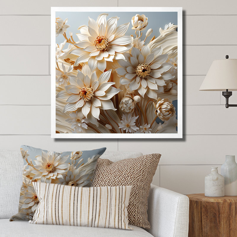 «Contemporary White Daisy Flower Simplicity» sur impression sur toile, 16" H x 16" W, Black Picture Framed
