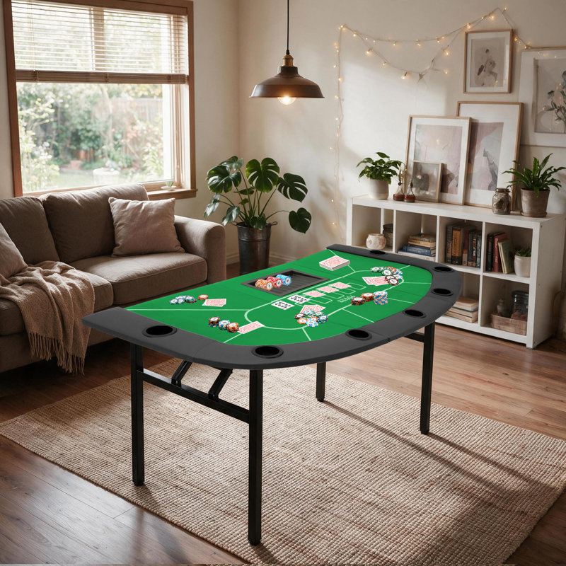 Table de poker pliable de 180 cm (71 pouces) pour 7 joueurs avec emplacement pour le donneur, plateau à jetons, porte-gobelets profonds et pieds en acier, verte