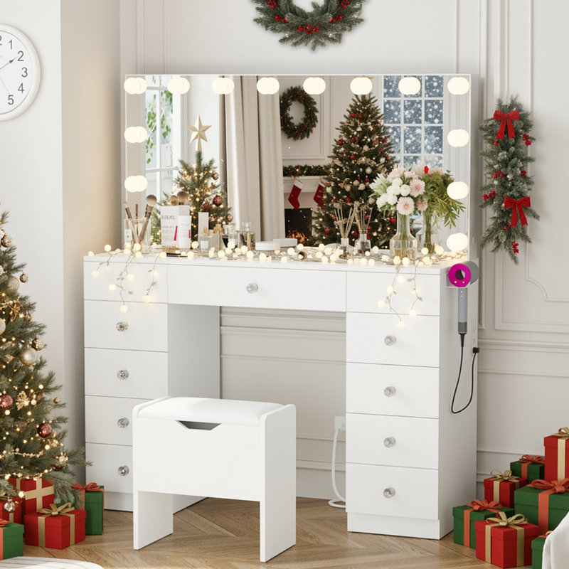 Greyden Vanity With 11 Drawers & Lighting Bulbs, Storage Stool & 10X Magnifying Mirror, White