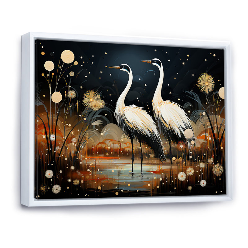 «Mystic Ostriches Silhouettes By The Pond», reproduction sur toile, Cadre flottant blanc, H 12 po x l 20 po x P 1 po