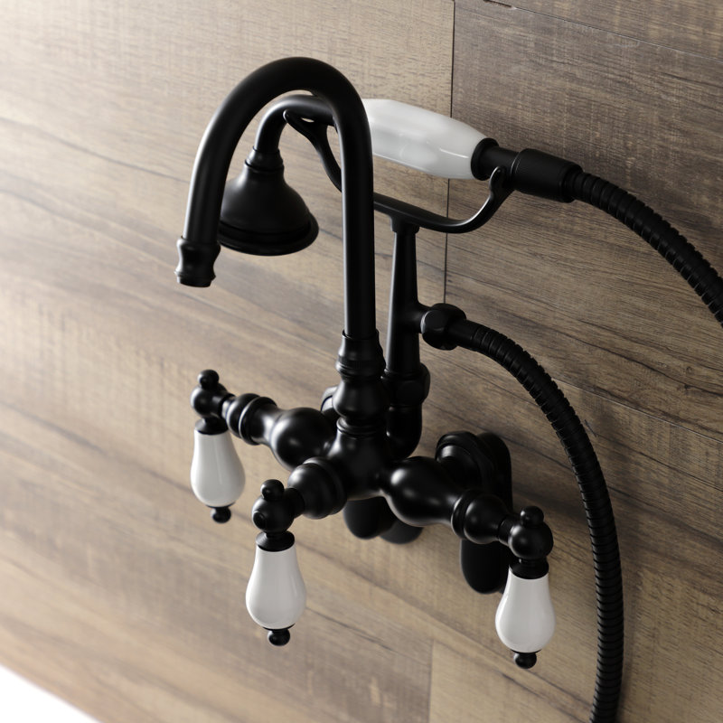 Kingston Brass Aqua Vintage Three-Handle 2-Hole Tub Wall Mount Clawfoot Tub Faucet with Hand Shower