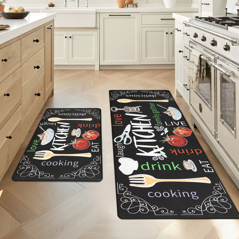 Tapis et tapis de cuisine anti-fatigue (ensemble de 2), Noir / rouge / jaune, Tapis de couloir 17 po x 28 po + 17 po x 59 po