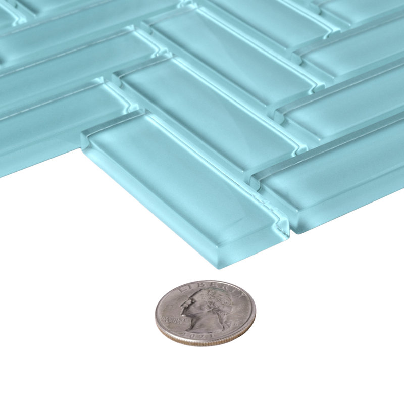 11"X 12.6" Herringbone Polished Glass Mosaic Tile, Light Blue