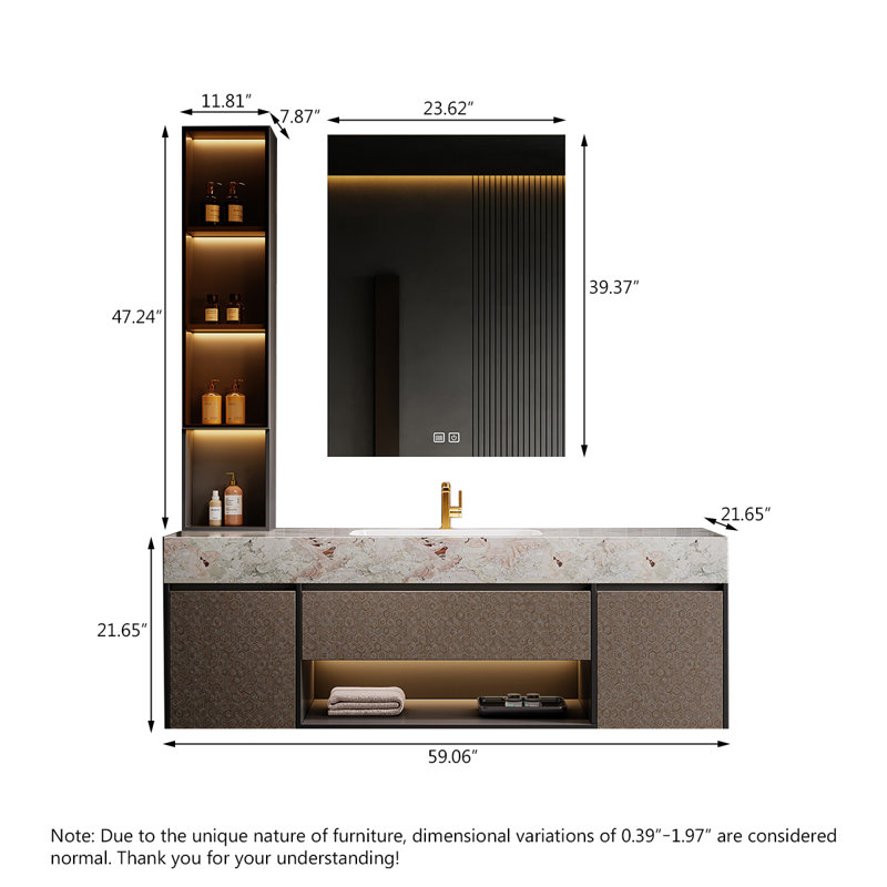 Meuble-lavabo mural en pierre frittée 59,06 po avec miroir intelligent et armoire d'appoint, L 59 po