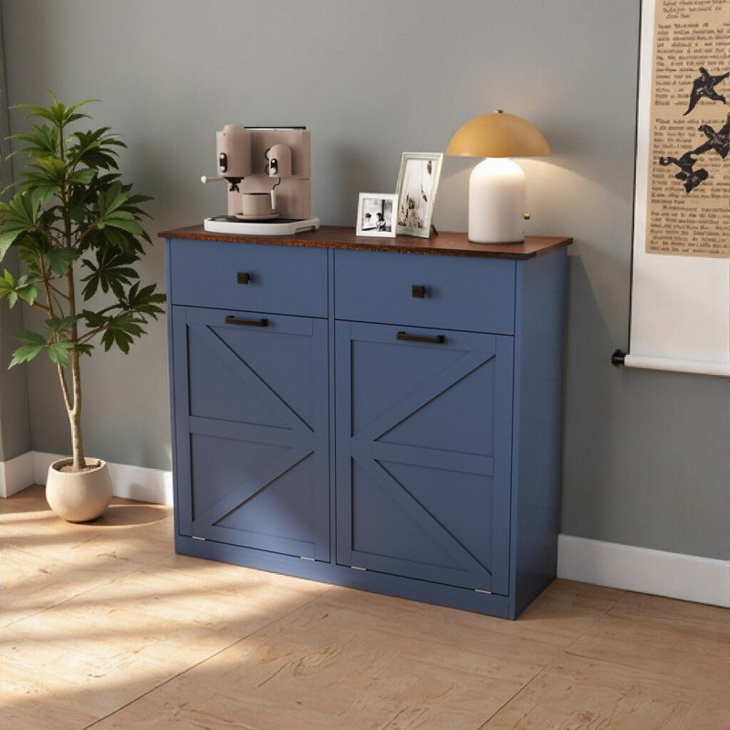 Buffet Farmhouse Trash Can - Rangement à double bac compact avec portes, Bleu