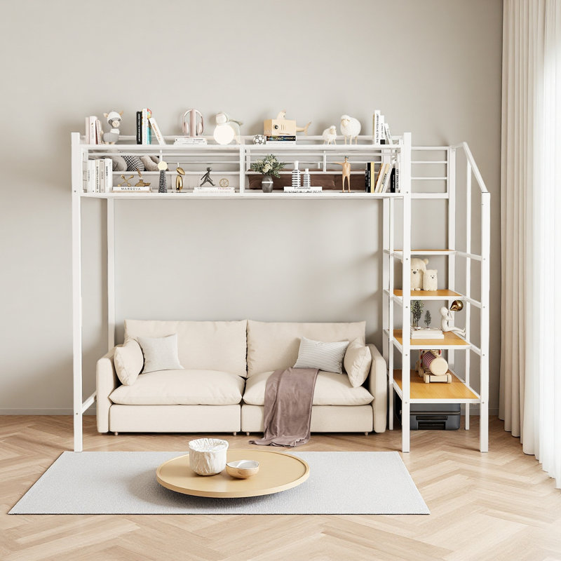 Twin Size Metal Loft Bed With Upper Grid Storage Shelf And Lateral Storage Ladder, White