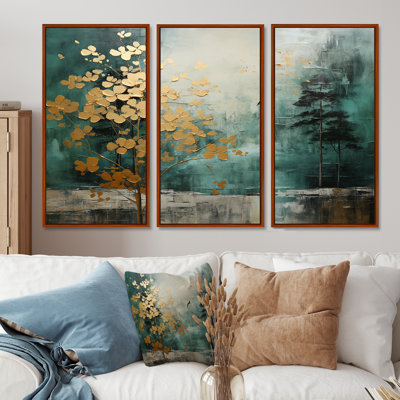 Golden Emerald Forest - Abstract Spirals Wall Art Living Room Set