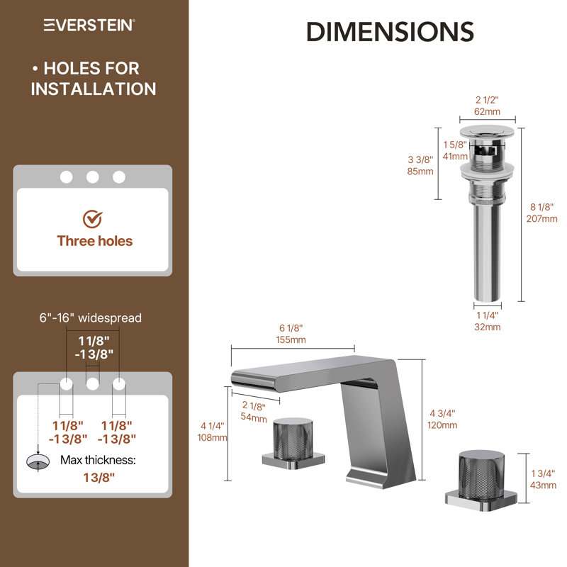 Robinet de salle de bain surdimensionné à 3 trous et 2 poignées avec drain, Chrome chrome
