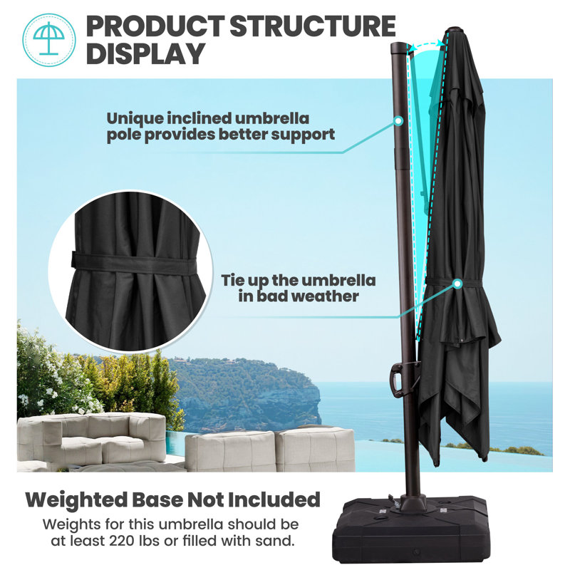 Parasol de patio rectangulaire en porte-à-faux sans base lestée 12 pi x 9 pi Selami, Noir