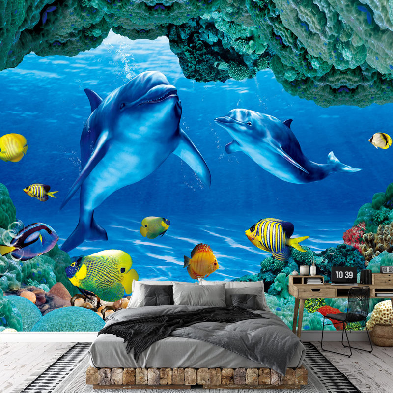 Grand papier peint adhésif The Deep Blue Ocean Nautical Animals, L 66 po x l 96 po