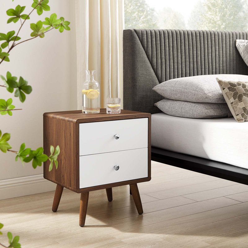 Walnut and White 2-Drawer Mid-Century Modern Nightstand