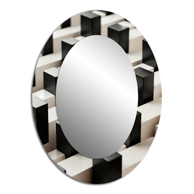 Black And White Abstract Power Panels III - Large Oval Wall Mirror On Metal