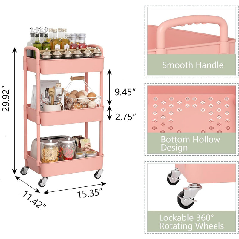 Plastic Rolling Utility Cart with, Pink